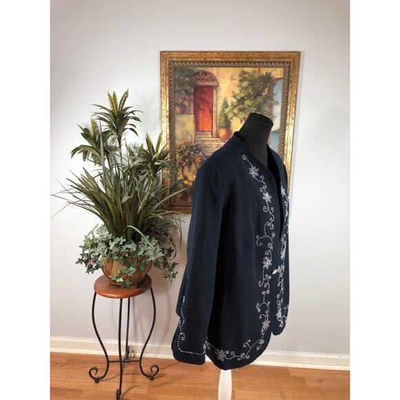 Maxie Klein Collections Women' Plus 20W Navy Blue Embroidered Long-Sleeve Blazer - Picture 2 of 9